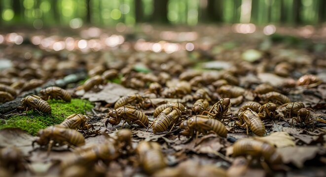 Thousands of Cicada Exoskeletons Litter the Forest Floor in a Lush Green Wood, Signaling Summer's