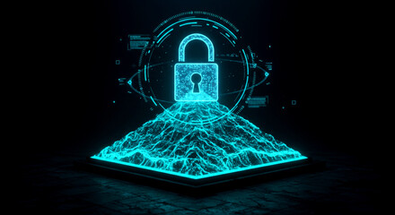 Glowing blue padlock hud on a digital mountain with circuitry on a tablet screen in a dark background for Cybersecurity Awareness Month.