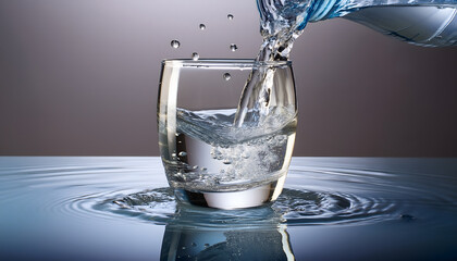 Clear water is being poured from a bottle into a glass, creating bubbles and ripples against a dark background. Refreshing and pure. Generative AI.