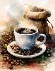 Steaming cup of coffee with scattered beans and a burlap sack, rendered in a watercolor style. Warm and inviting, coffee still life. Generative AI.
