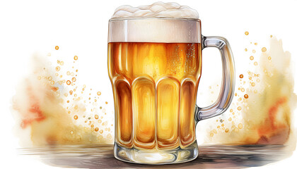 Refreshing beer mug filled with frothy white foam, illustrated in a vibrant watercolor style with a neutral backdrop. Generative AI.