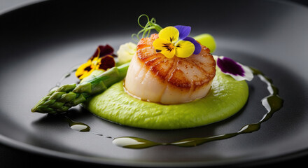 Seared scallop, asparagus, and edible flower garnish on green pea puree, presented on black plate with artistic oil drizzle, gourmet fine dining, elegant and fresh