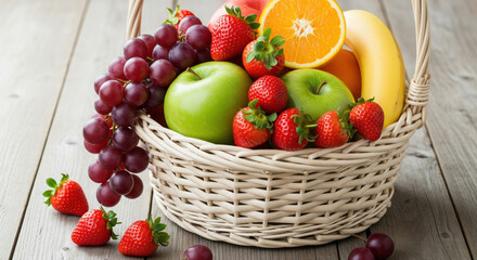 Fresh fruit basket with green apple strawberry grape orange banana on wooden table vibrant and healthy assortment perfect for breakfast or snack natural and colorful arrangement
