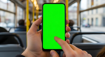 Man's Hand Touching a Smartphone Screen with Green Background in Public Transport