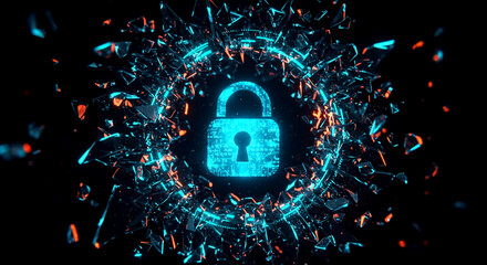Glowing blue padlock surrounded by vibrant, swirling lines and particles, symbolizing cybersecurity and protection during Cybersecurity Awareness Month against a dark background with a