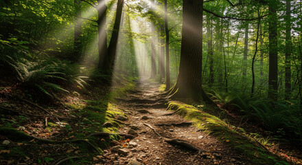 Sunlight forest path tree green nature tranquil morning landscape peaceful. Sunlight streams through tall trees onto winding forest path creating tranquil peaceful morning landscape with lush