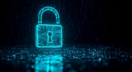 Glowing blue padlock icon with hud elements on a dark background with rain and reflection, symbolizing cybersecurity during Cybersecurity Awareness Month.
