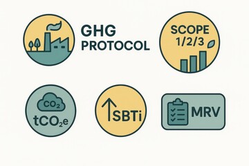 Fototapeta premium GHG Protocol Overview with Icons Representing SBTi Metrics Carbon Emissions Tracking and Climate Action Reporting for Sustainable Business Practices captured with clarity