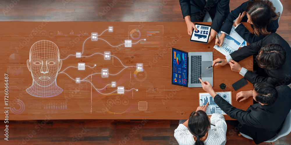 Poster diverse professionals gather around a table engaged in a business meeting focused on data analysis a