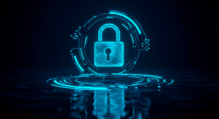 Glowing blue padlock icon surrounded by circular hud elements on a dark background with reflections, representing cybersecurity and data protection for Cybersecurity Awareness Month.