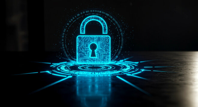 Glowing blue padlock with a hud interface in a dark room, conveying a sense of cybersecurity and digital protection for Cybersecurity Awareness Month.