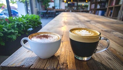 Two coffees on a wooden table