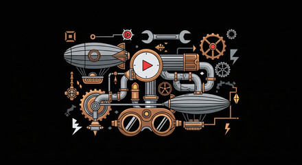 Steampunk machine illustration airship gears pipes wrench play button lightning goggles mechanical industrial creative retro whimsical dark background