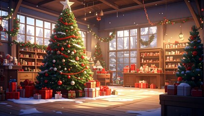 Cozy, festive room with a large decorated fir tree, surrounded by presents. Sunlight streams through windows, creating a warm, inviting atmosphere