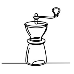 Abstract black line drawing of a coffee grinder on a white background, minimalistic and elegant concept of coffee shops, culinary arts.