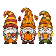 Three cute autumn gnomes holding pumpkins and leaves, fall season Thanksgiving illustration