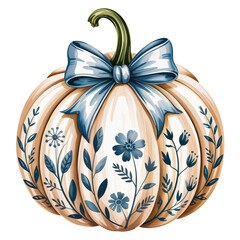 Decorative pumpkin with flowers and bow, elegant autumn Thanksgiving illustration for design and decor