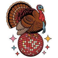 Funny disco dancing turkey with retro disco ball, colorful thanksgiving cartoon character illustration