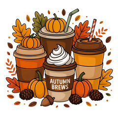 Fall season coffee, pumpkin spice latte, autumn harvest drinks illustration for thanksgiving decor