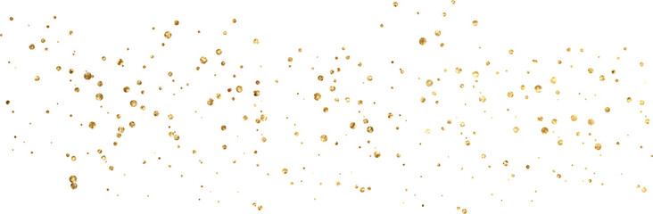 Gold glitter confetti with sparkling particles scattered on transparent background. Luxury golden sparkle rain effect for celebration, wedding, party, holiday, festive decoration, isolated design