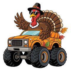 Funny Thanksgiving turkey driving a pickup truck, festive holiday cartoon celebration illustration