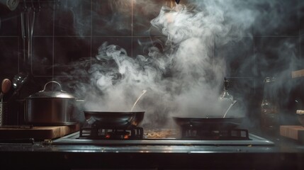 Intense cooking scene with rising steam and simmering pots on stovetop, perfect for culinary arts or restaurant promotion with dramatic kitchen atmosphere
