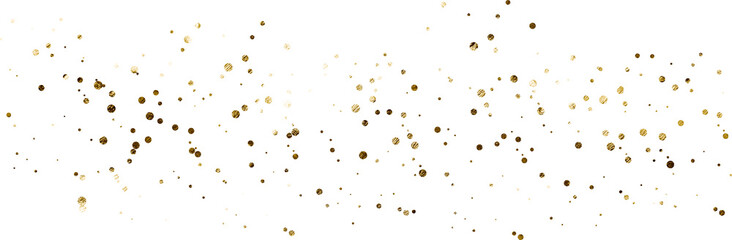 Golden glitter confetti scattered isolated on transparent background. Festive shimmering sparkles and luxury gold particles overlay for elegant wedding, holiday, birthday, party decoration design