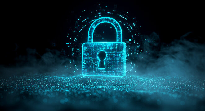 Glowing blue padlock with a hud interface on a dark background with fog, symbolizing cybersecurity and data protection for Cybersecurity Awareness Month.