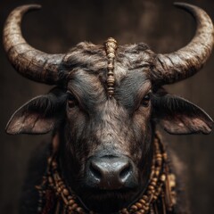 Naklejka premium Ox head symbolizes strength and renewal, heralding the Year of the Ox in vibrant cultural tradition.