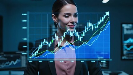 Dynamic business woman analyzes stock market data trends on futuristic digital screen in modern office, investment strategy, financial success - Powered by Adobe