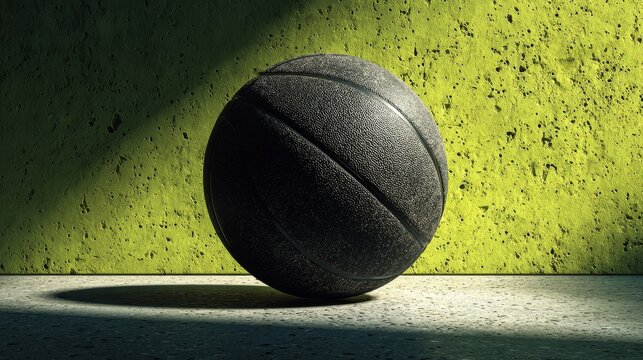 Stylish black basketball before lime-green concrete wall, bold contrast in urban sport energy.