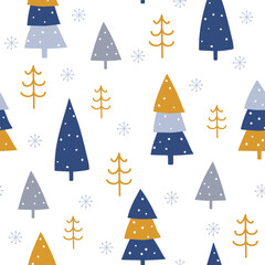 Winter seamless pattern with different trees and snowflakes. Vector illustration. It can be used for wallpapers, wrapping, cards, patterns for clothes and other.