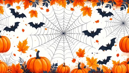 Halloween composition of bats, spiders, pumpkins and fall leaves against white backdrop