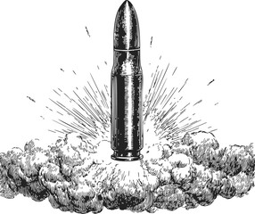 Bullet sketch hand drawn with explosion and smoke in vintage style — stock vector