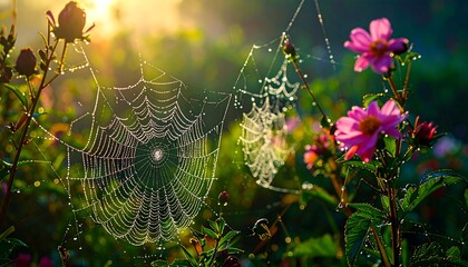 Dewy spiderwebs glisten between vibrant pink flowers in a sunlit garden at dawn