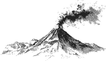 Volcano erupting sketch, hand drawn mountain landscape with smoke plume — stock vector