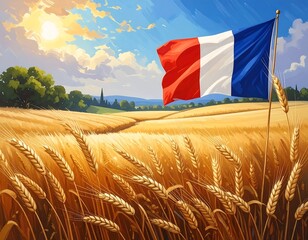 French countryside landscape with a waving flag