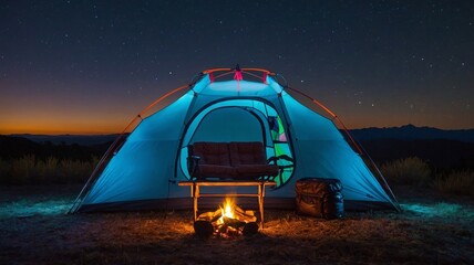 Illuminated camping tent under starry night sky with campfire