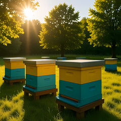 Beehives in sunlight with trees behind.