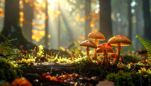 Sunlit autumn forest mushrooms