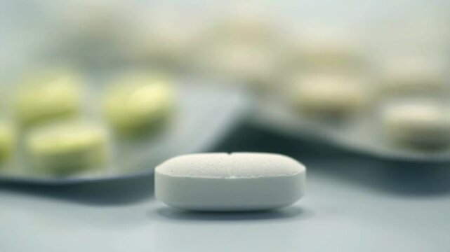 Acetaminophen tablet on a white background. Pharmaceutical industry. Macro close-up of the tablet. Zoom out Effect