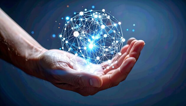 A hand holds a glowing network sphere - Powered by Adobe