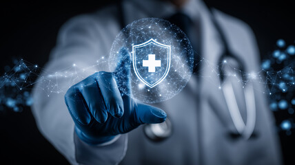 Doctor pointing at a shield with cross formed by a digital network, conveying healthcare data protection trust and cybersecurity compliance.
