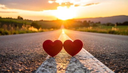 Two red hearts on road center line, with an orange sunset and distant landscape