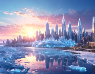 Fototapeta premium Frozen Metropolis at Dawn: A Crystalline Cityscape