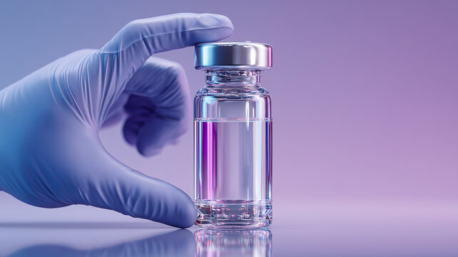 A gloved hand holding a sterile vial representing medical dosing and the concept of vaccine development quality control and clinical readiness.
