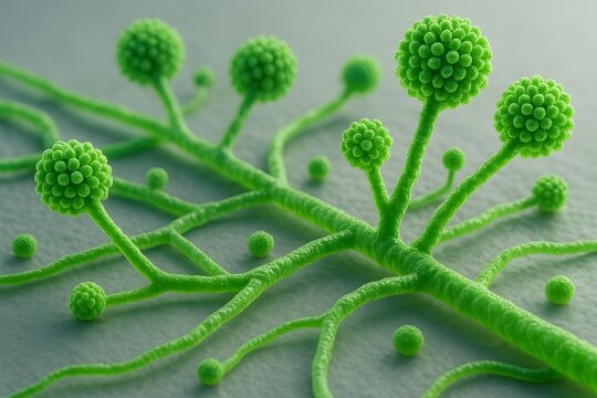 Microscopic 3D render of Trichoderma spores and hyphae, concept of agricultural biotechnology.