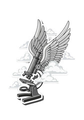 Whimsical Microscope With Wings Flying Through Clouds