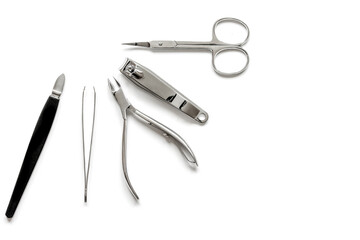 nail care - manicure set on white background top view