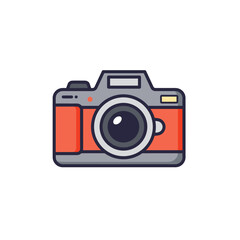 A cartoon camera with a red body and a gray lens Theres a flash area a lens and a release button on the top